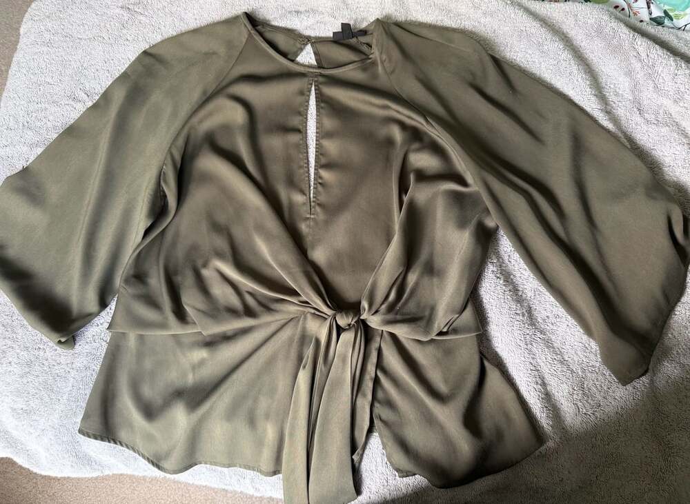Topshop Olive Green Tie Front Keyhole Open Back Peplum Blouse